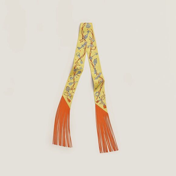 Hermes Accessories - Hermès "Les Cles a Pois" Jaune, Argent and Orange Vif Fringe Silk Twilly